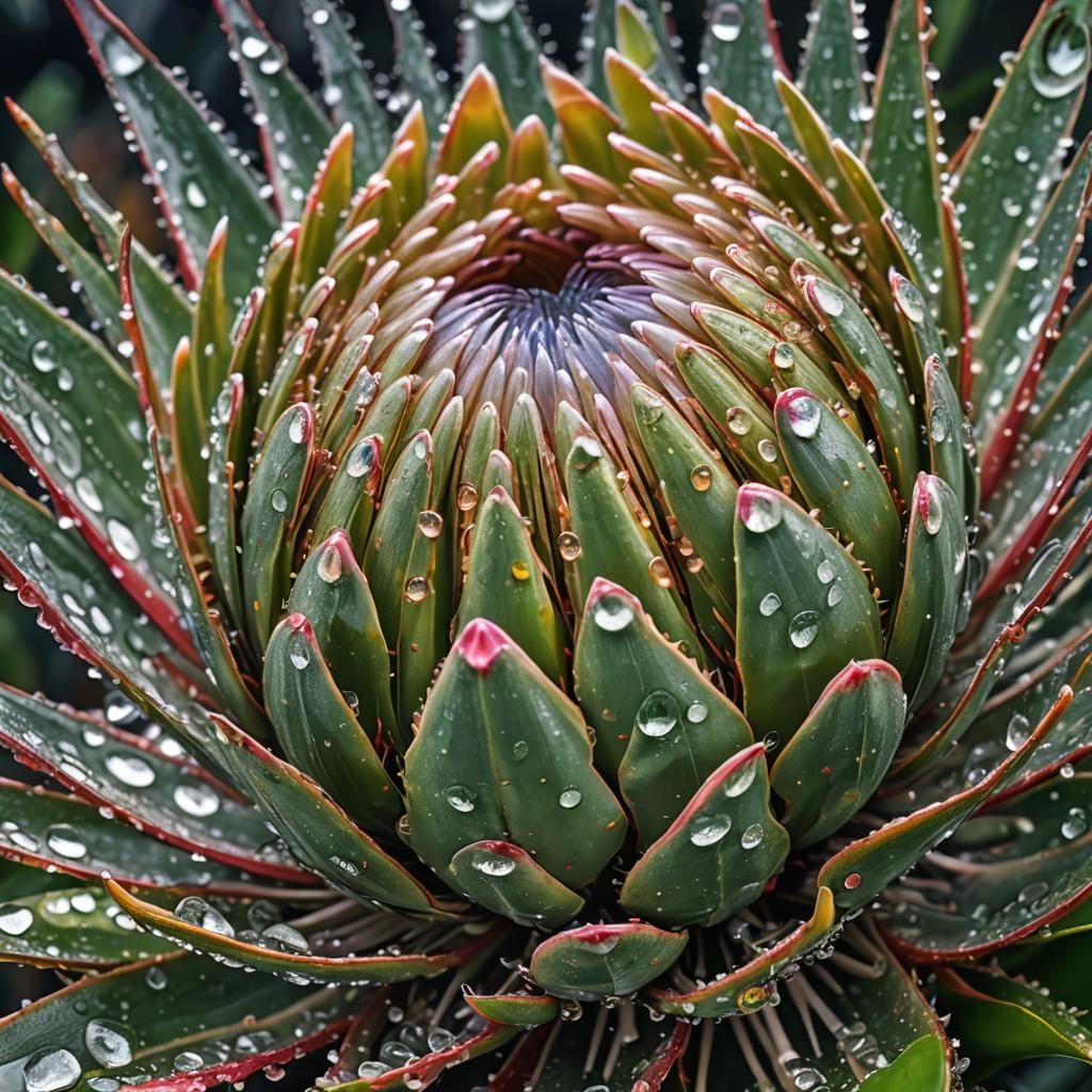 Glass Protea Flower in Jungle, Hyperrealistic Close-Up