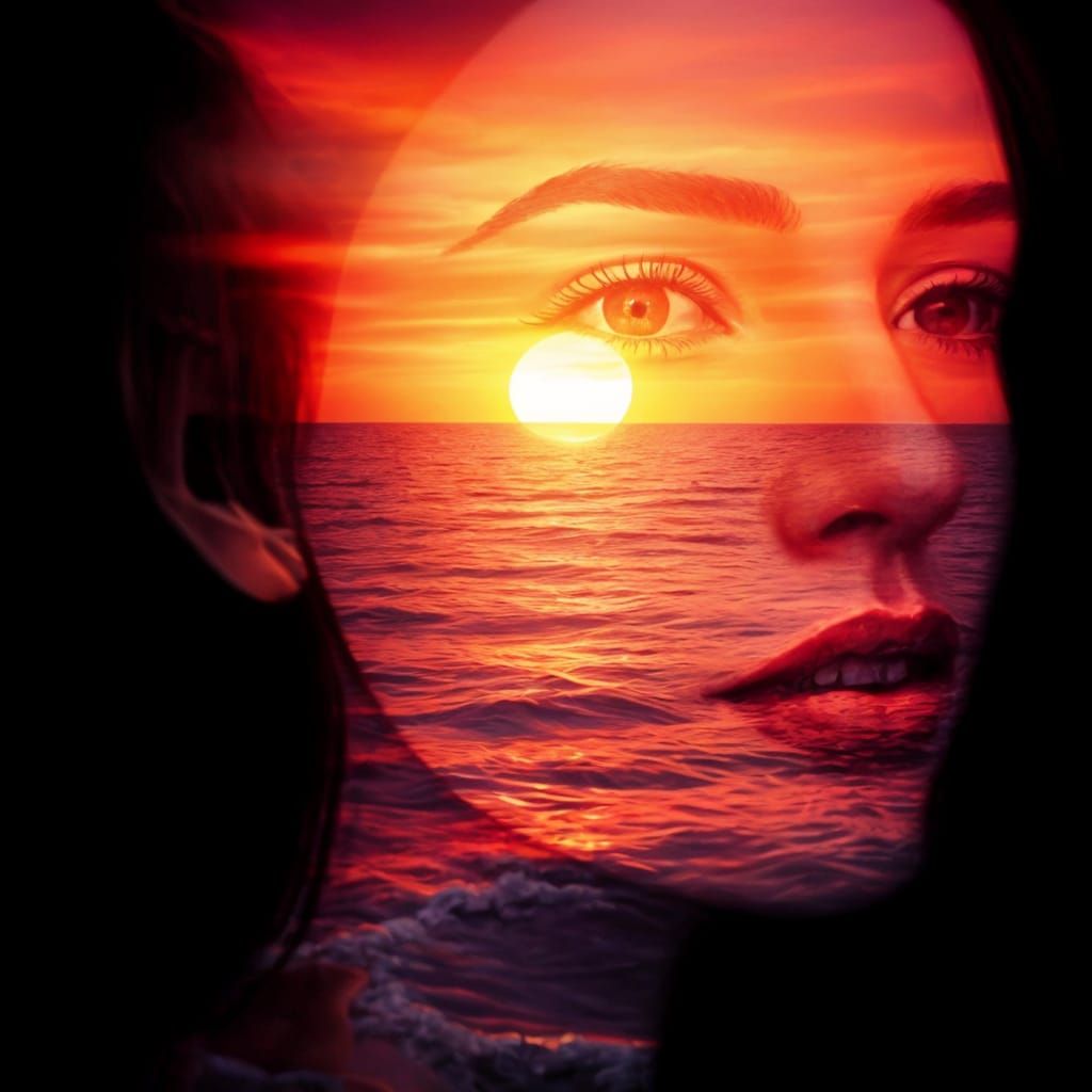 Surreal Double Exposure: Woman and Sunset Ocean