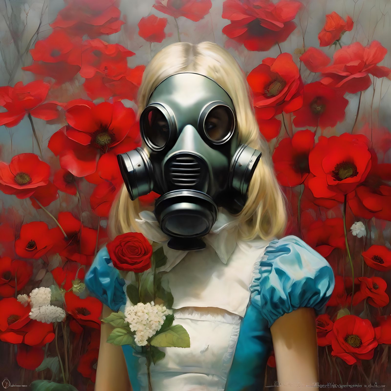 ""Alice in Wonderland wearing a gas mask with flowers!!! Red background!!!", insanely detailed matte painting with rough...