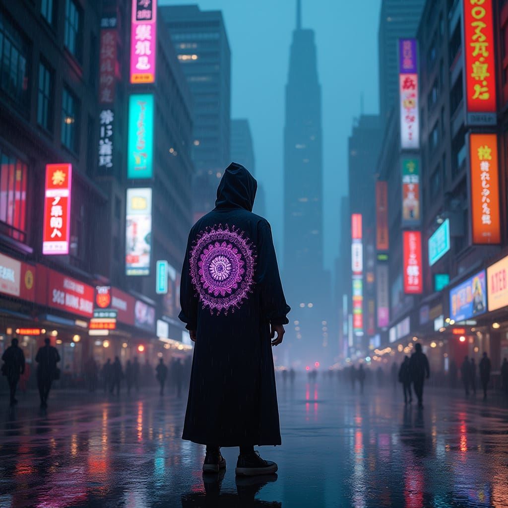 Cyberpunk Monk in Neon Rain Cityscape