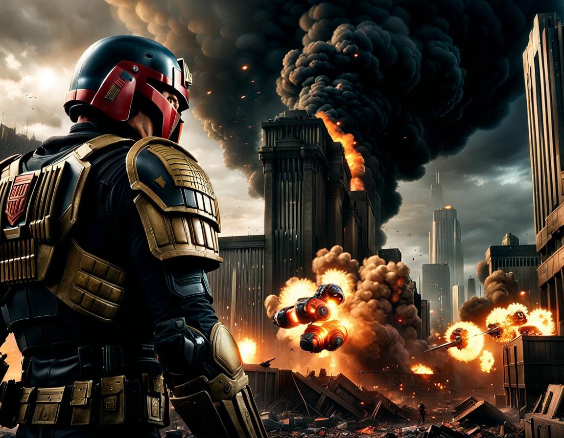 Judge Dredd in Apocalyptic Action: Photorealistic 3D Render