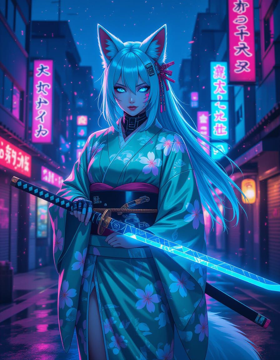 Cyberpunk Kitsune with Energy Katana in Neon City