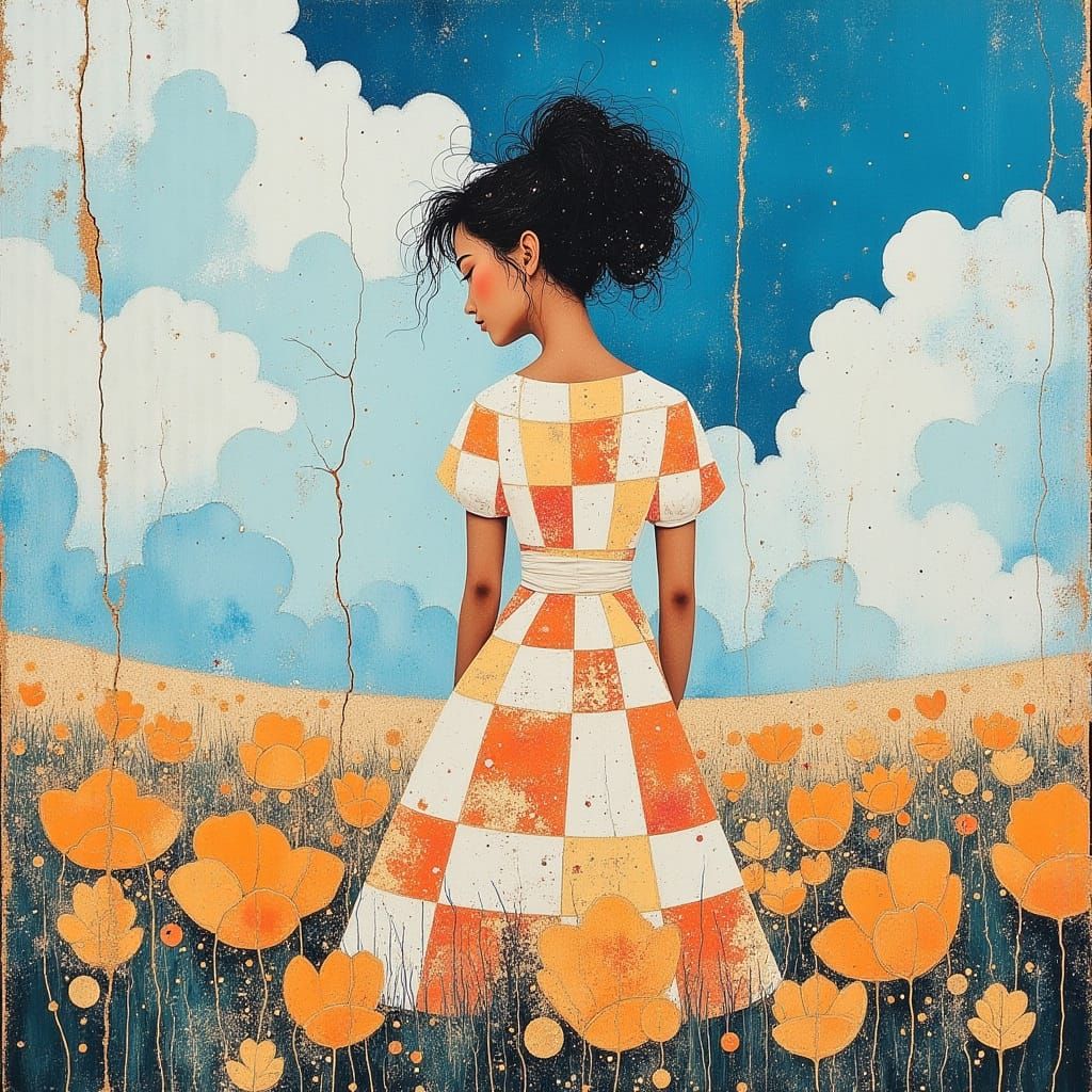 Whimsical Gingham Landscape with Divine Outfit