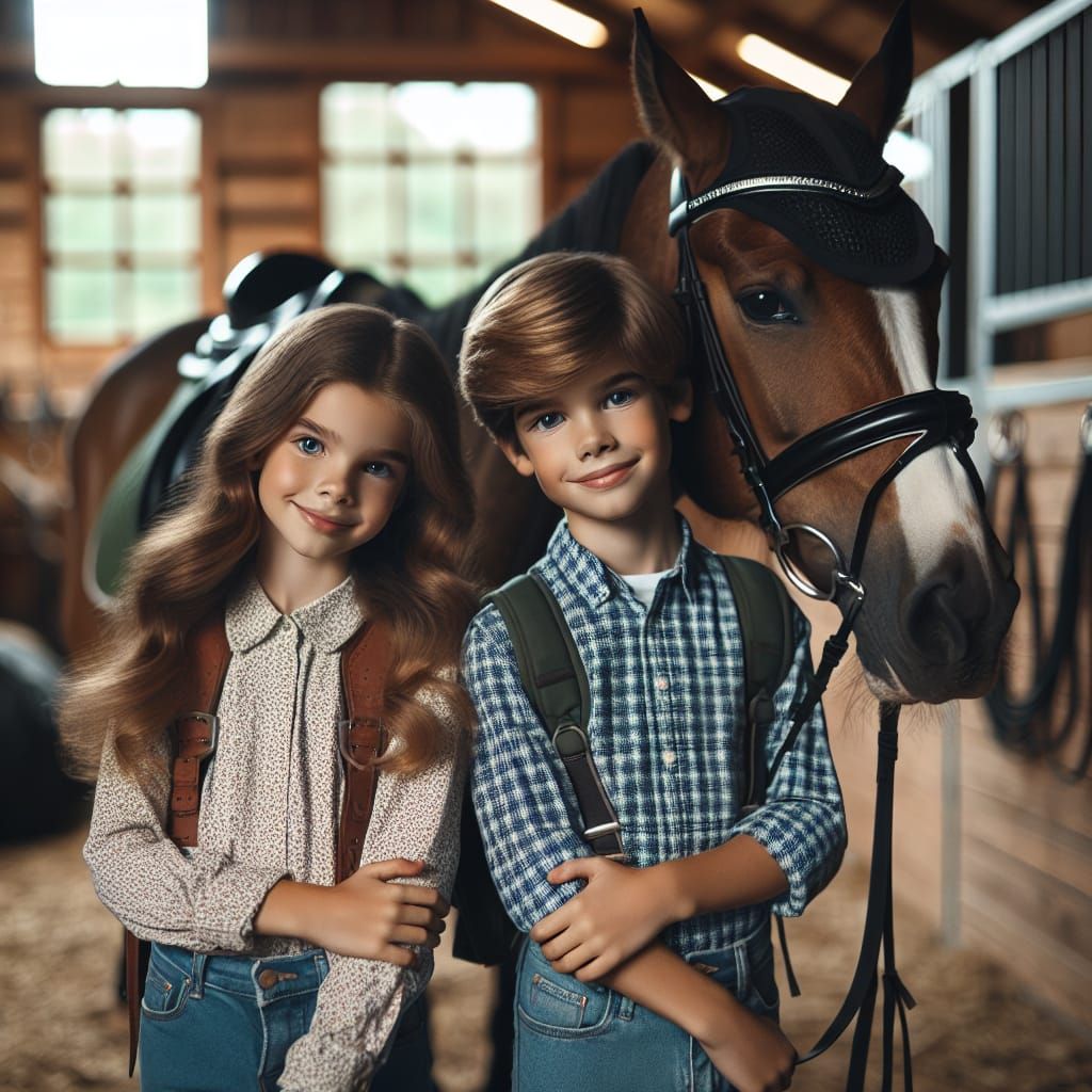 Siblings in Equestrian Gear Pose with Majestic Horse in Stab...