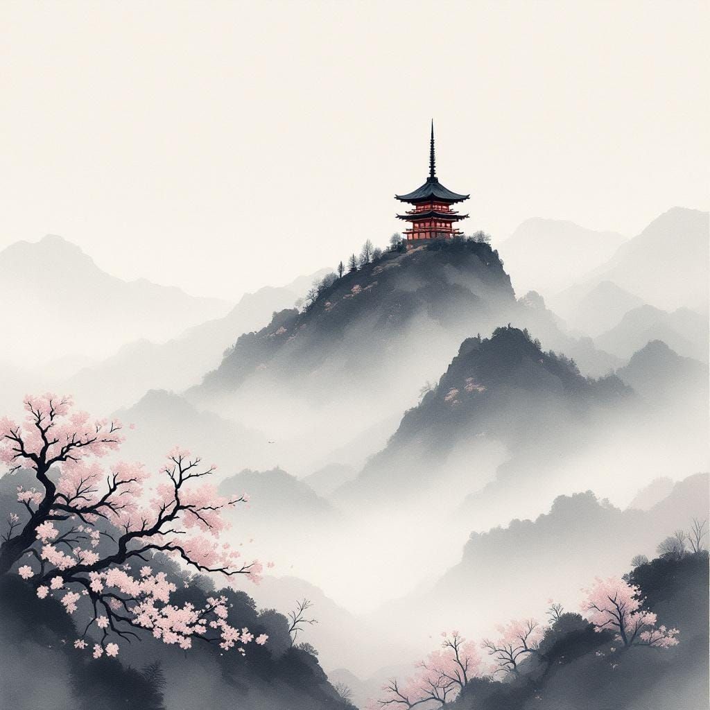 Pagoda on Misty Mountain in Ink Wash Style
