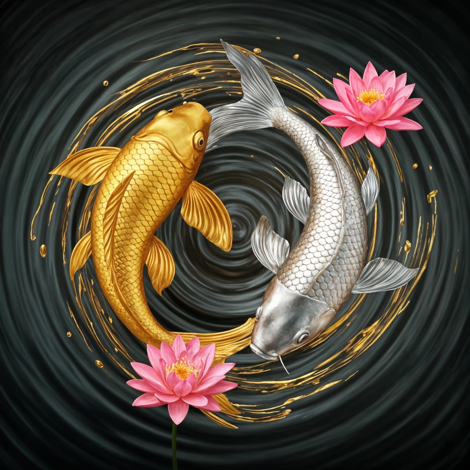Surreal Gold and Silver Koi Dance in Harmony