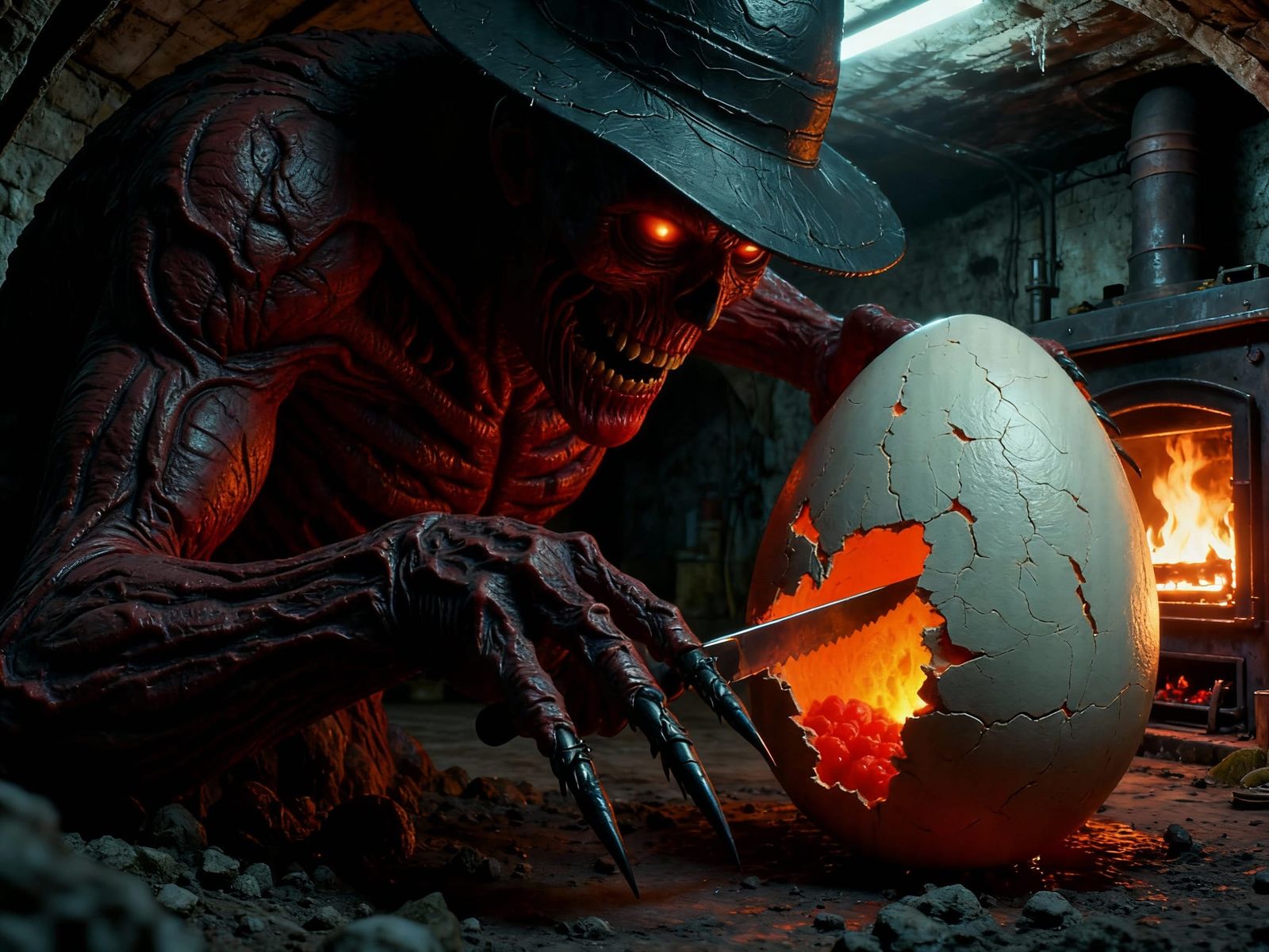 Freddy Krueger Slices Open an Egg by Furnace