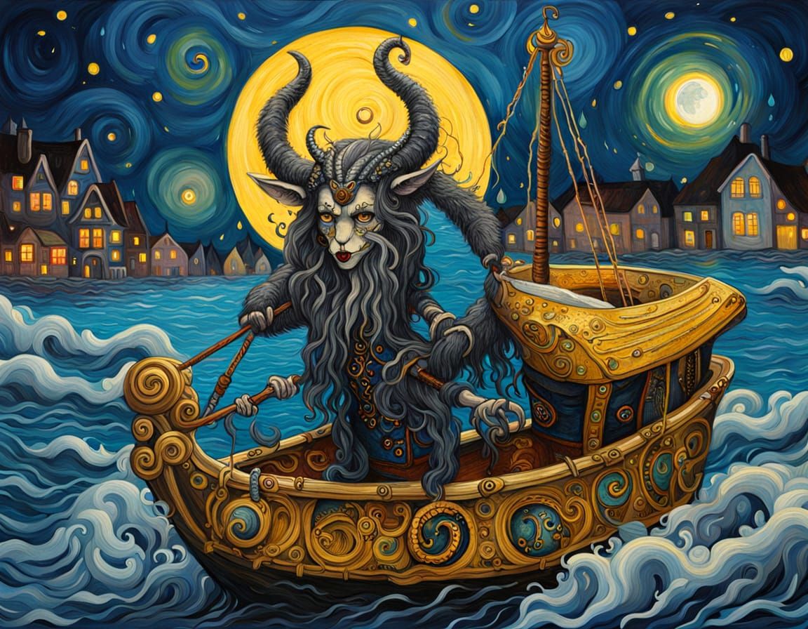 Krampus Steampunk Boat Trip at Night, Klimt Style