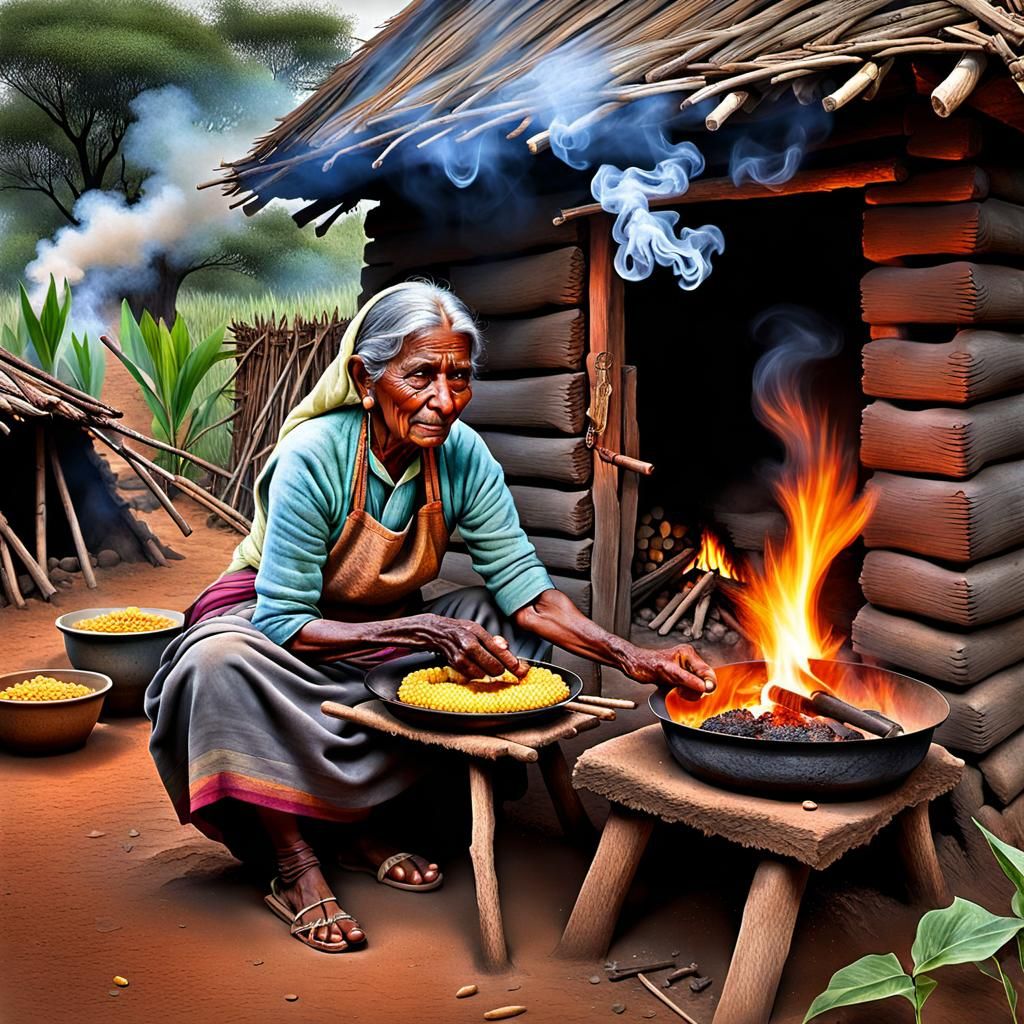 an old indian woman bakes corn cakes