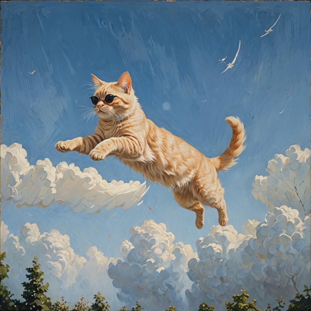 Winged Cat in Mystical Garden as Oil Painting