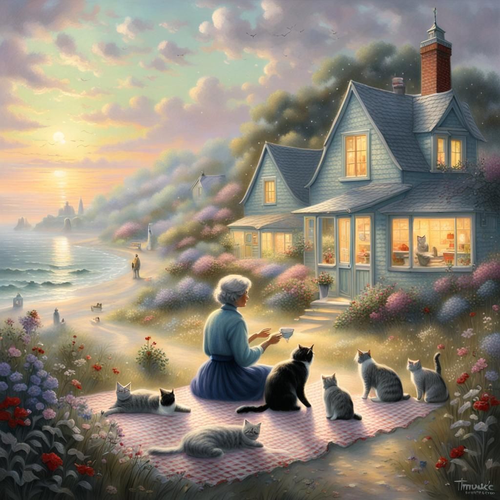 Ethereal Picnic by Beach Cottage with Cats