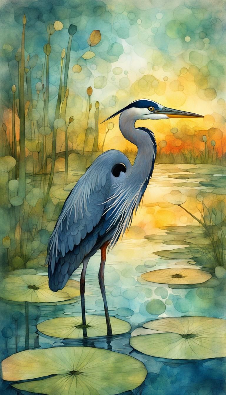 Blue Heron in Lily Pond: Double Exposure Watercolor