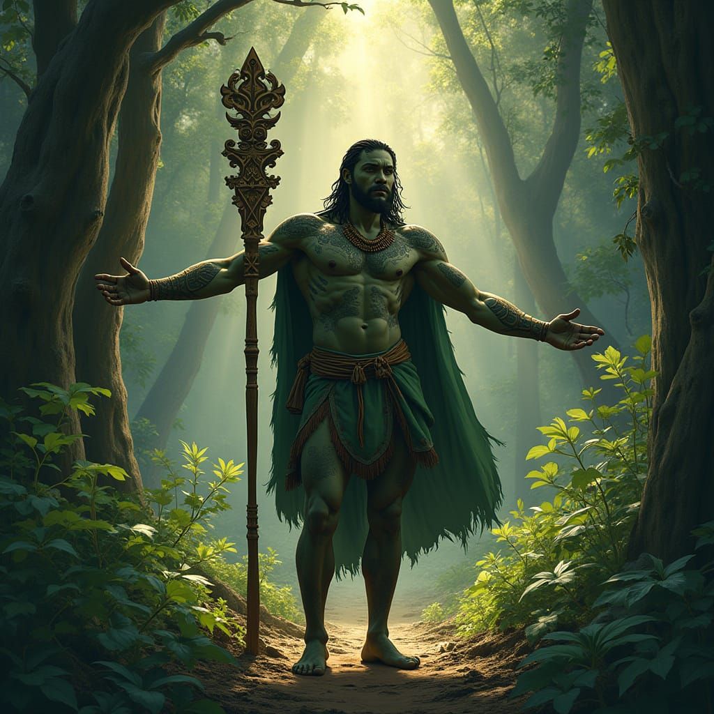 Māori Warrior Emerges from the Forest in a Whimsical Dream
