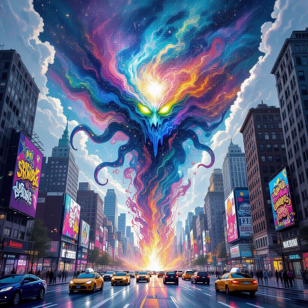 Cosmic Being Erupts From Cityscape in Splash Art Style