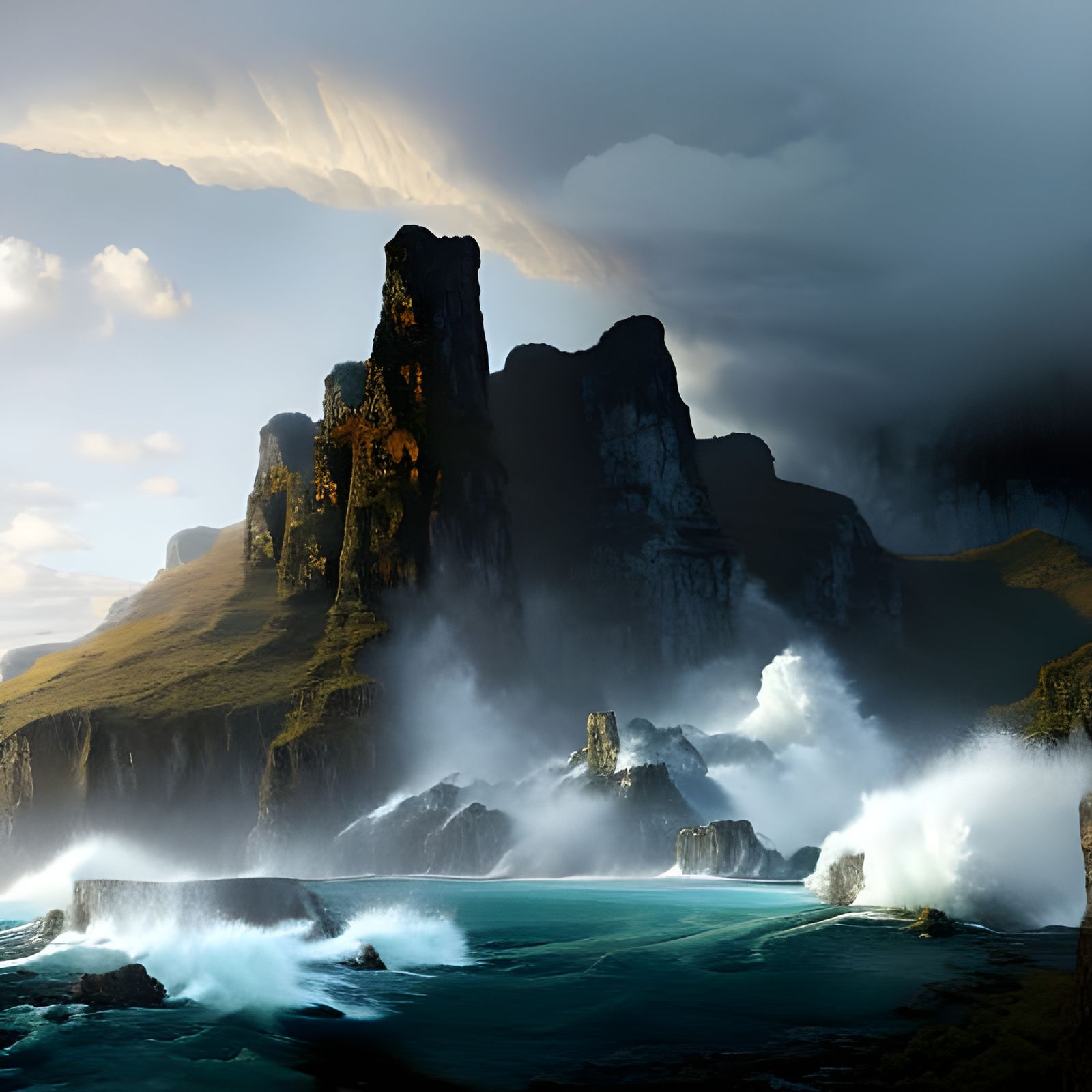 Dramatic Cliffside Waterfall in Digital Painting Style