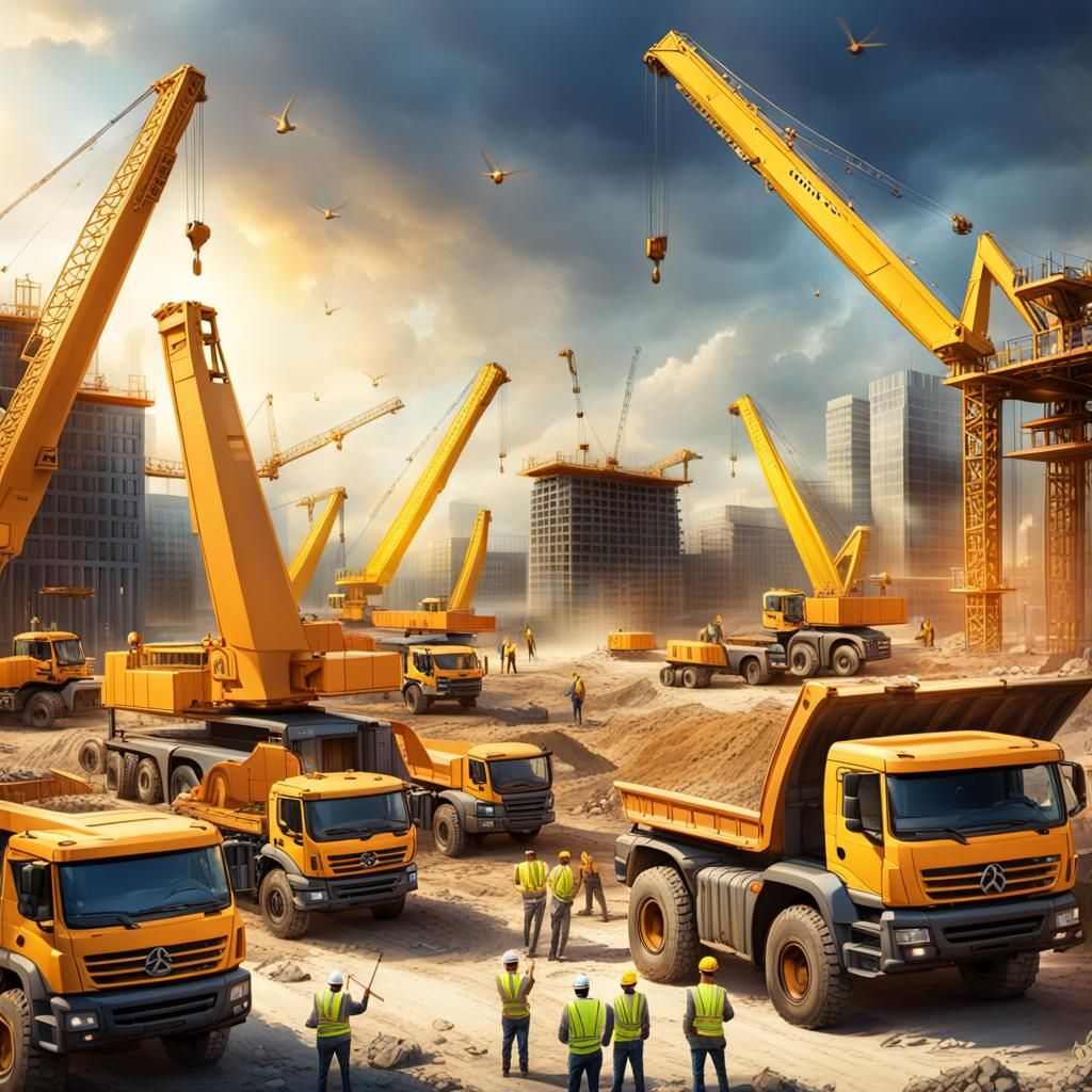 Vibrant Construction Site with Cranes and Workers