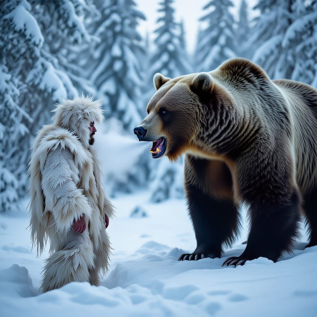 Man Confronts Bear in Snowy Forest, HDR Photo