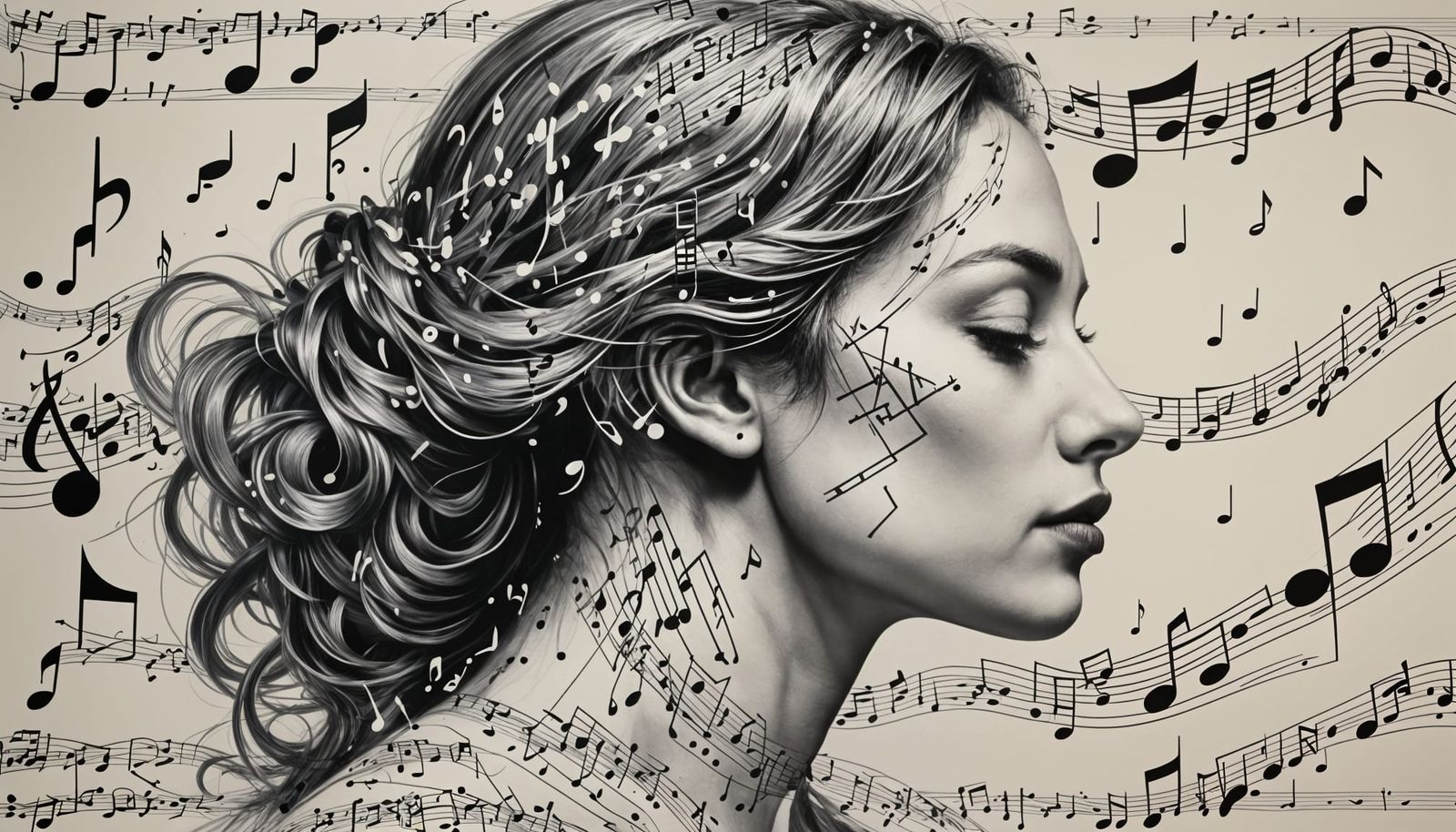 Minimalist Woman's Profile in Musical Notes