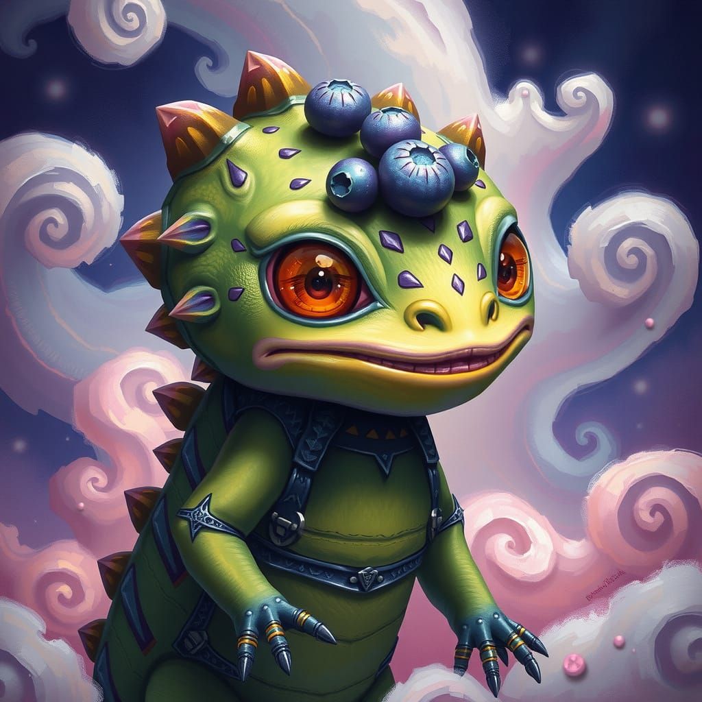 Dreamlike Reptilian Creature with Iridescent Berries