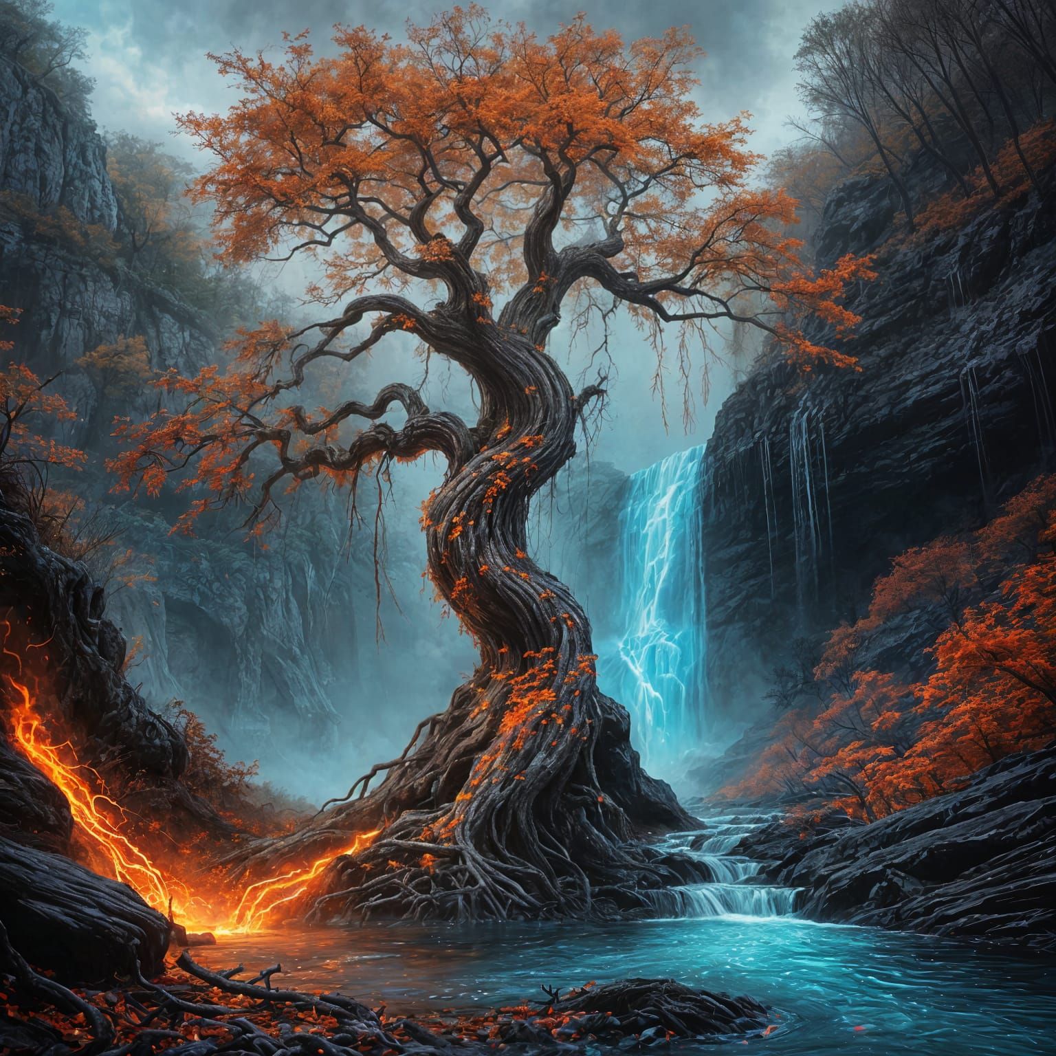 Haunted Tree Digital Painting with Neon Waterfall