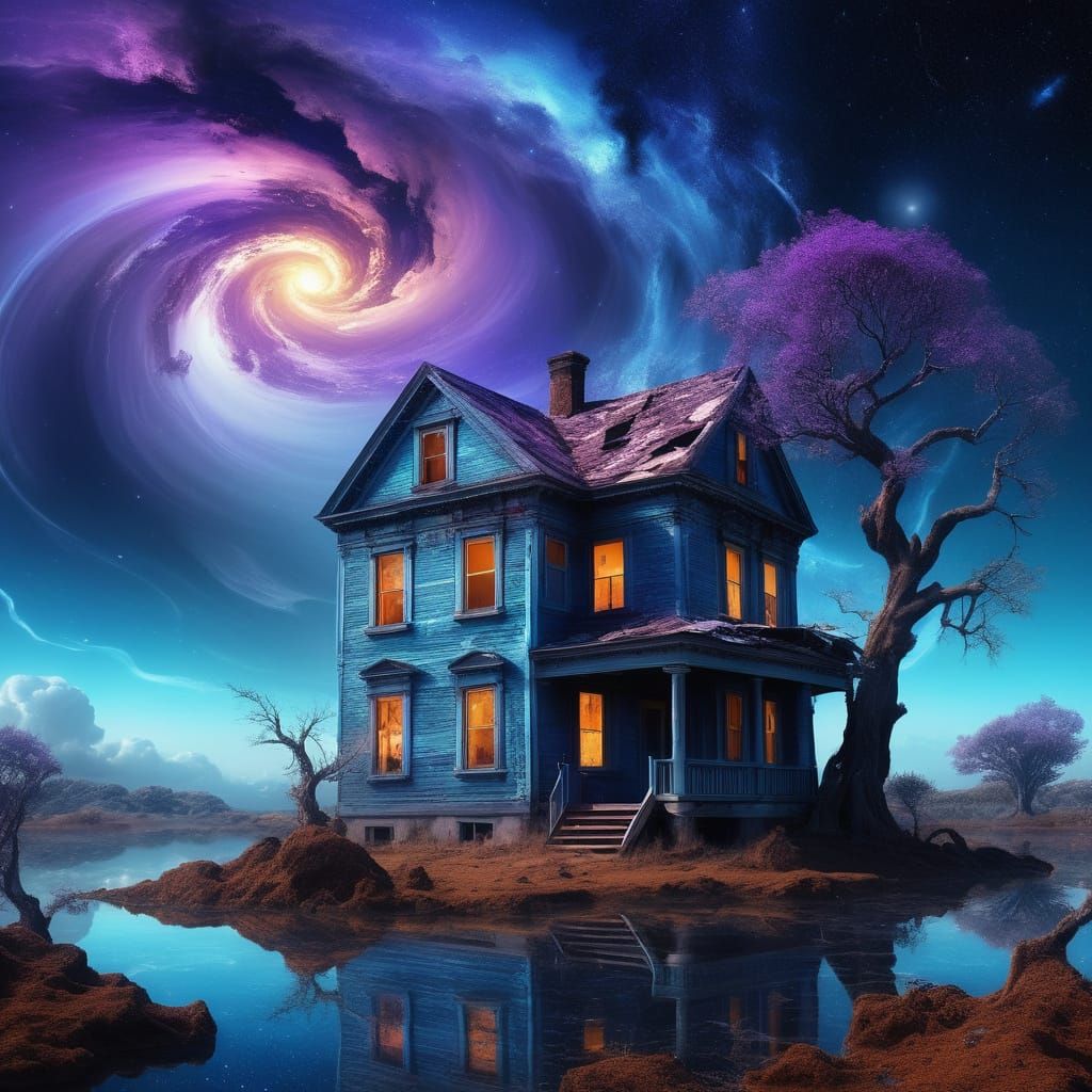 Surreal Floating Island with House and Tornado