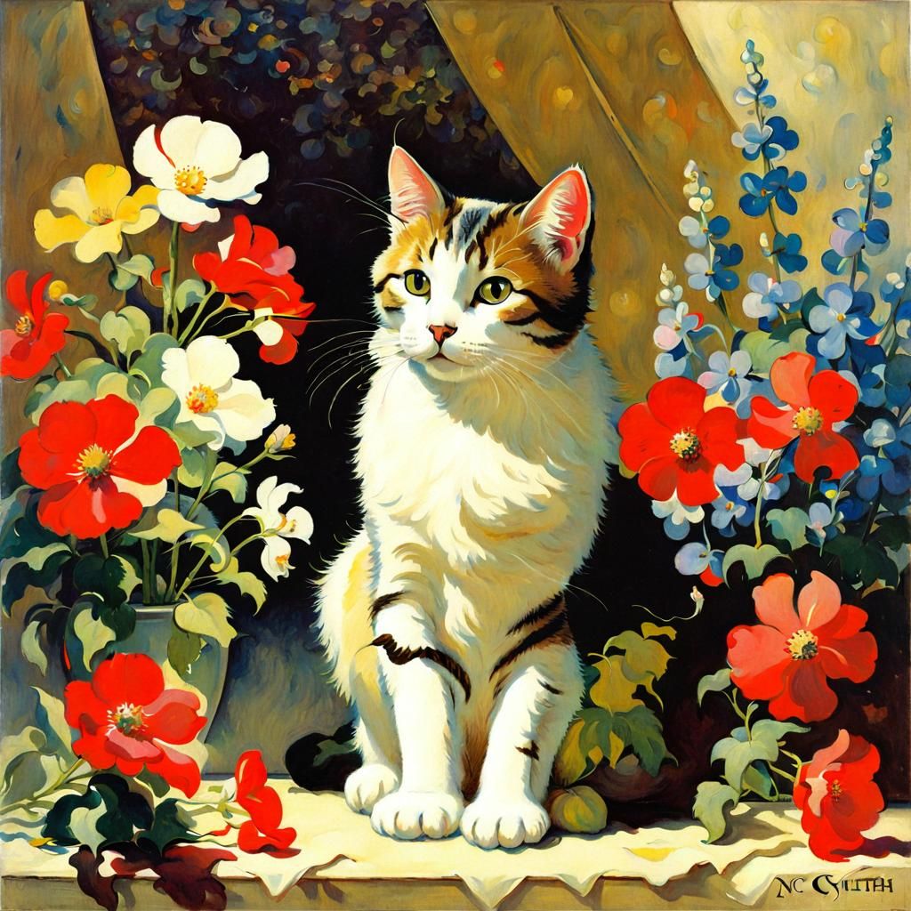 Cat Surrounded by Flowers in Golden Age Illustration