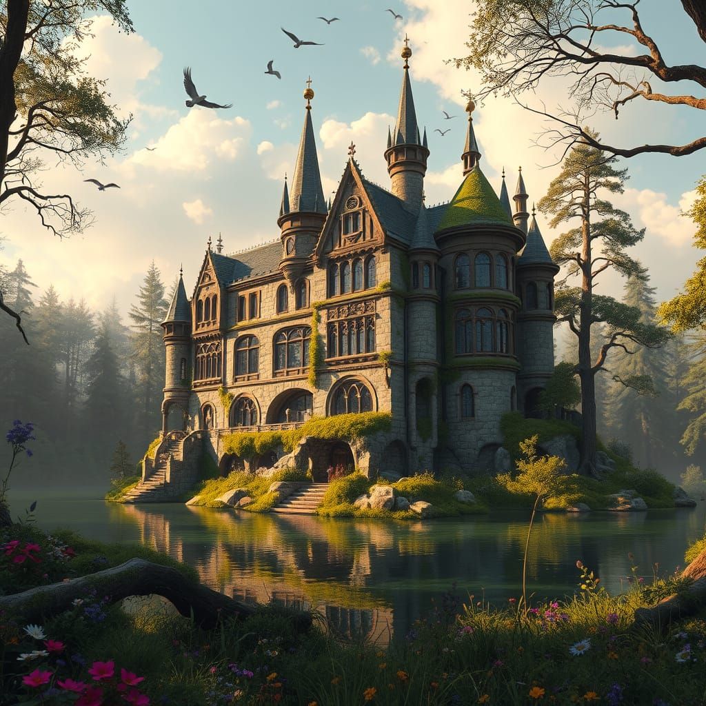 Ethereal Palace Amidst Whimsical Forest Landscape