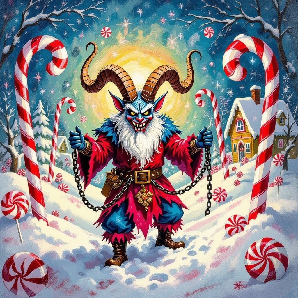 Krampus in a Vibrant Candyland Gouache Painting