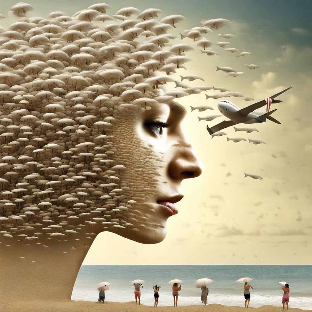 Surreal Beach Crowds in Double Exposure Style