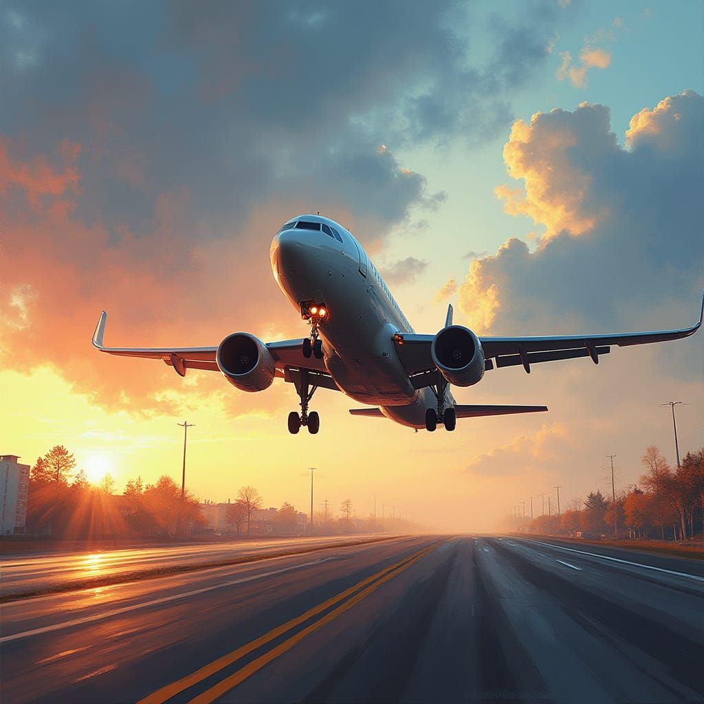 Dramatic Plane Landing in Hyperrealistic Style