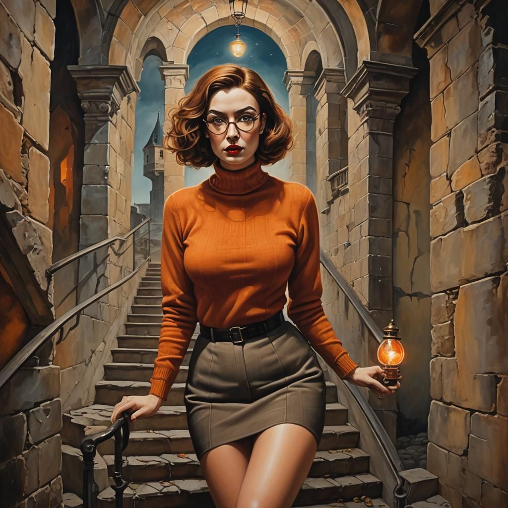 Surreal Woman Climbing Haunted Castle Staircase
