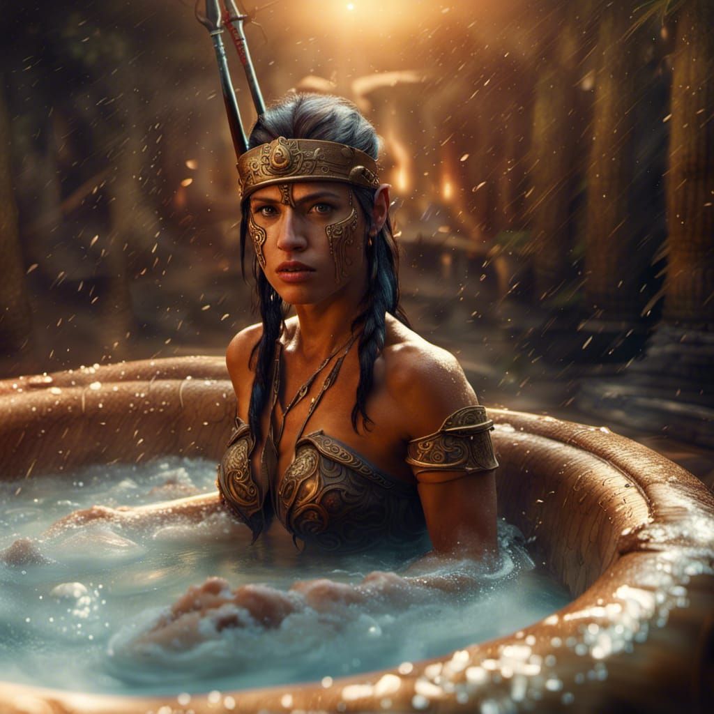 Amazon Warrior Relaxing in Hot Bath: Digital Painting