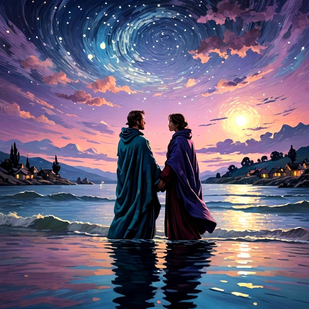 Starry Night Embrace in Detailed Matte Painting Style