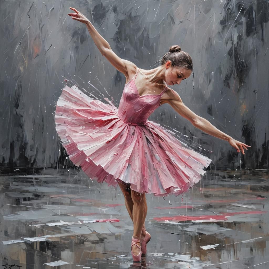 Ballerina Dancing in Rain as Impasto Painting