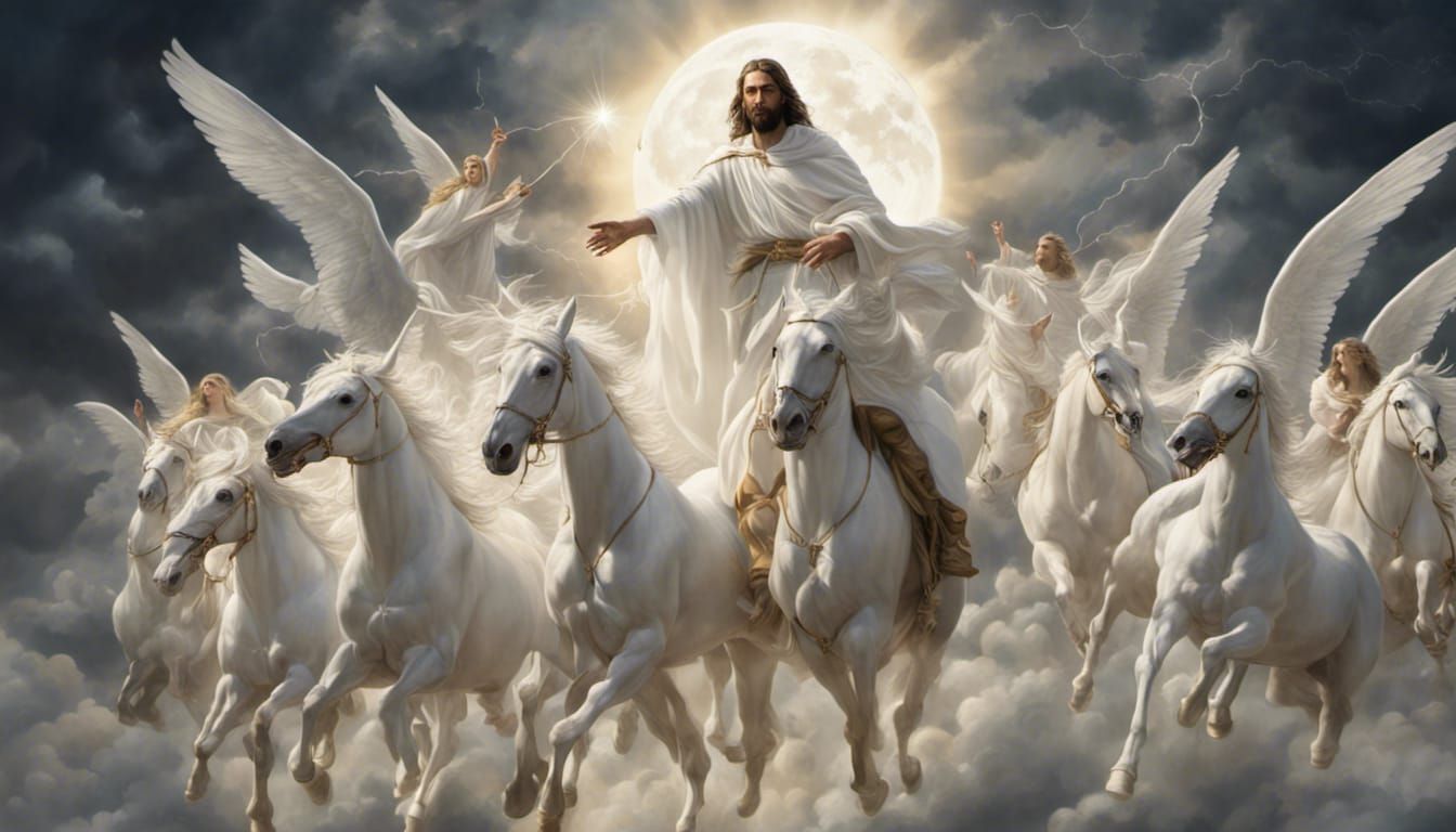 Jesus Leads Angelic Host in Moonlit Sky