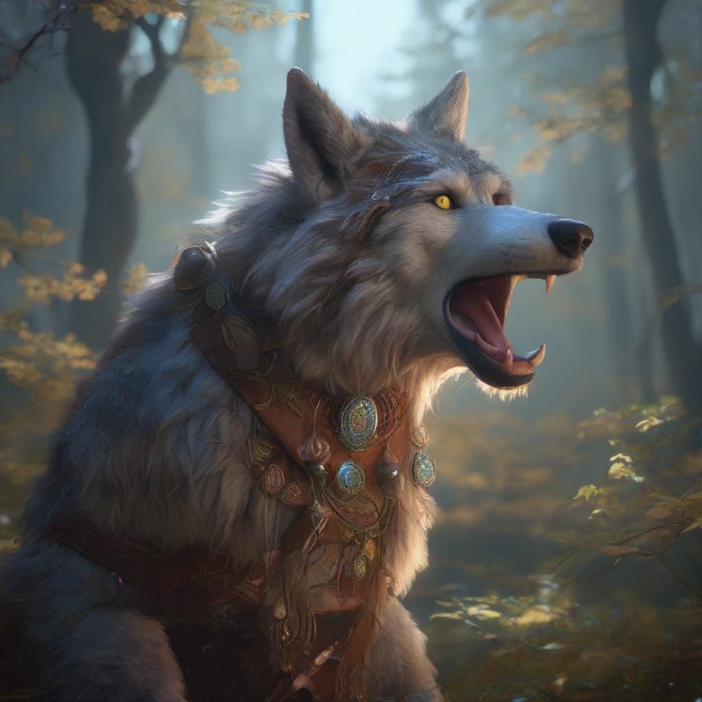 Half Man Half Wolf in Regal Armor, Bathed in Ethereal Moonli...