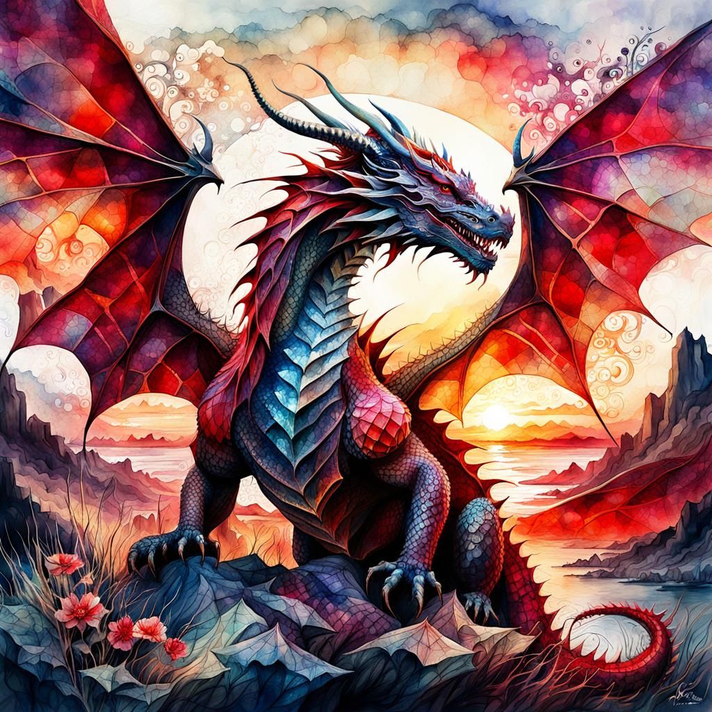 Fantasy Watercolor Dragon at Sunset