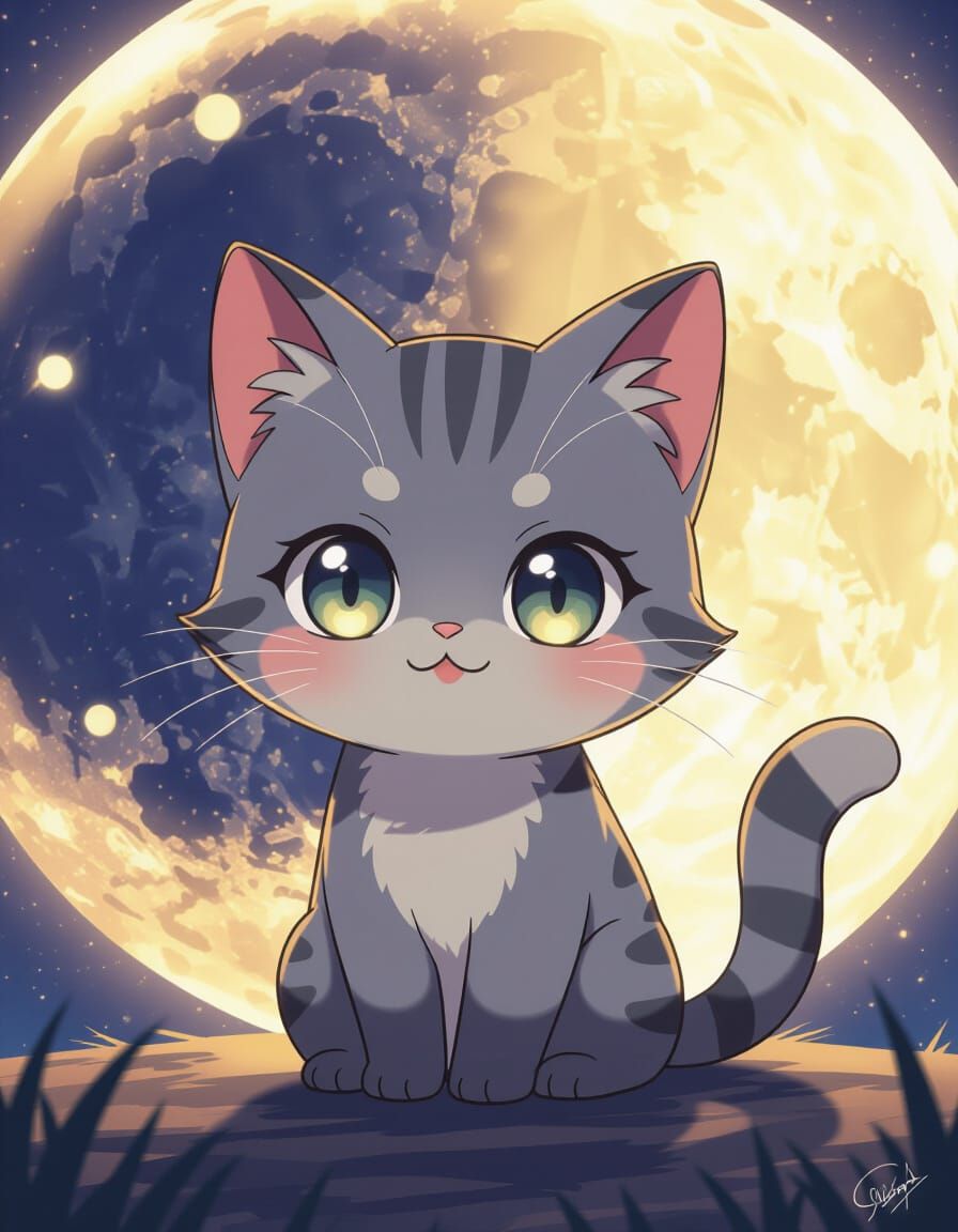 Cute Chibi Cat Under Luminous Full Moon in Naruto Anime Styl...