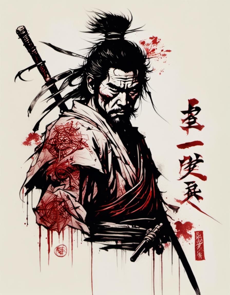 Samurai Warrior in Minimalist Ink Art Style