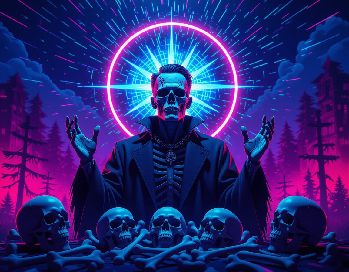 Synthwave Warlock in Holographic Landscape