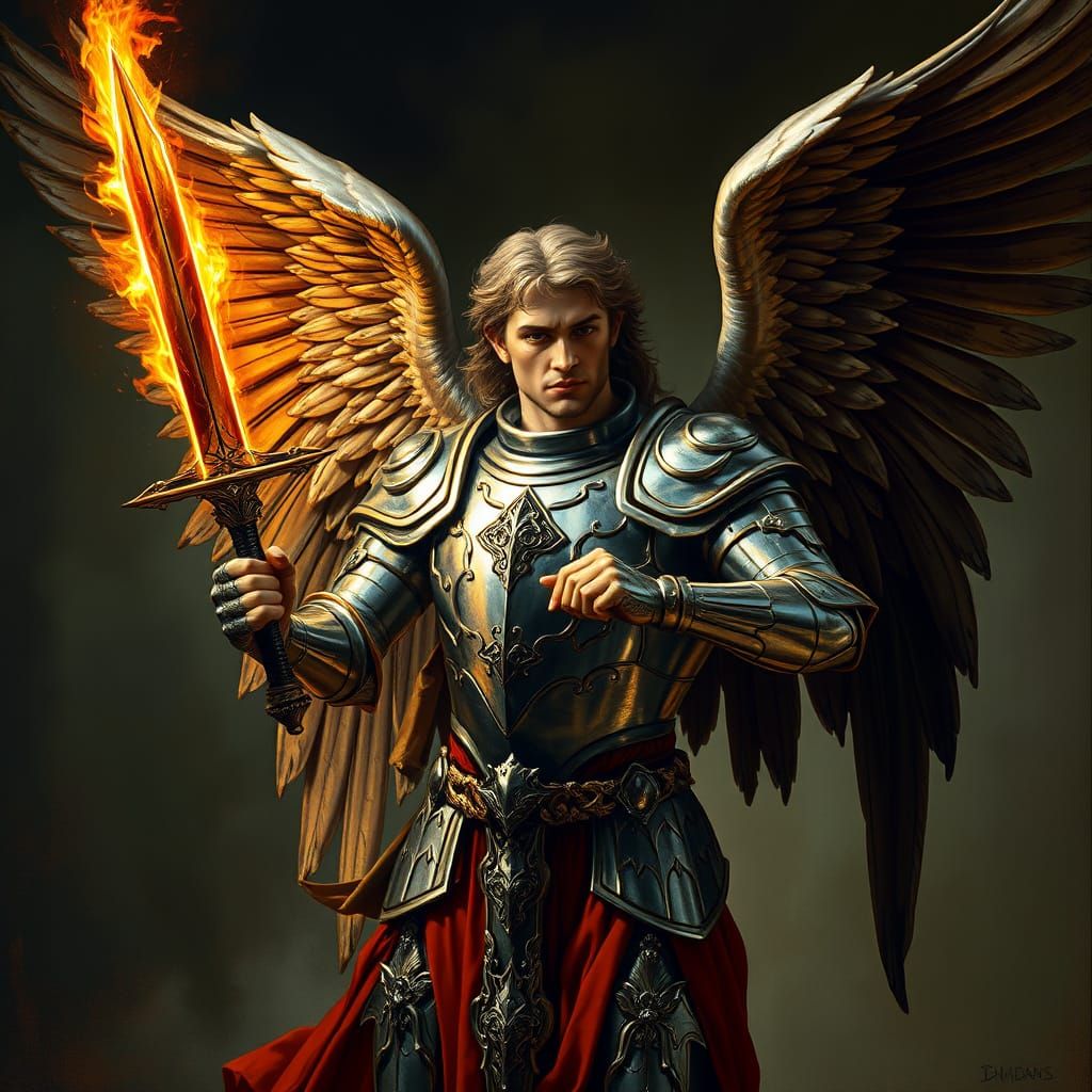 Renaissance Angel Descends with Flaming Sword in Airbrush Ac...