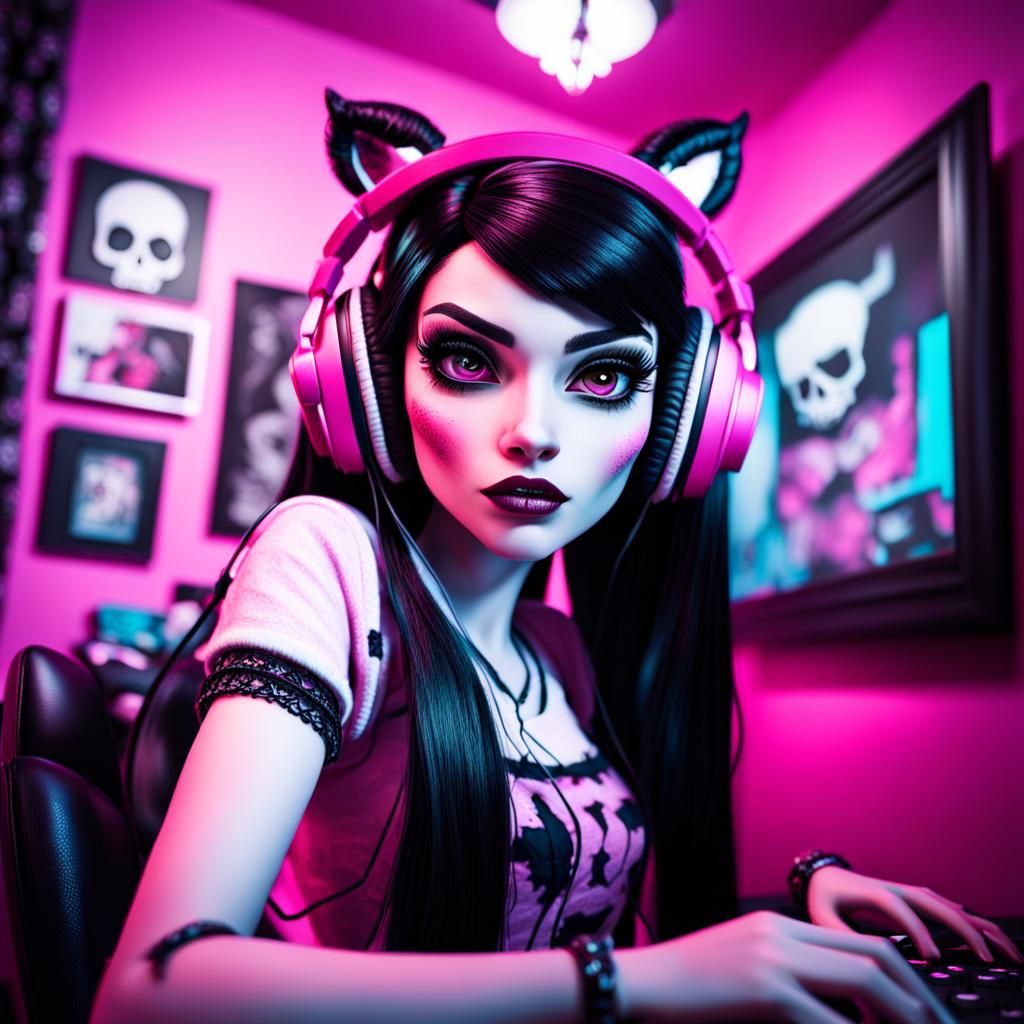 emo draculaura monster high playing video games wearing headphones in a pink bedroom grunge