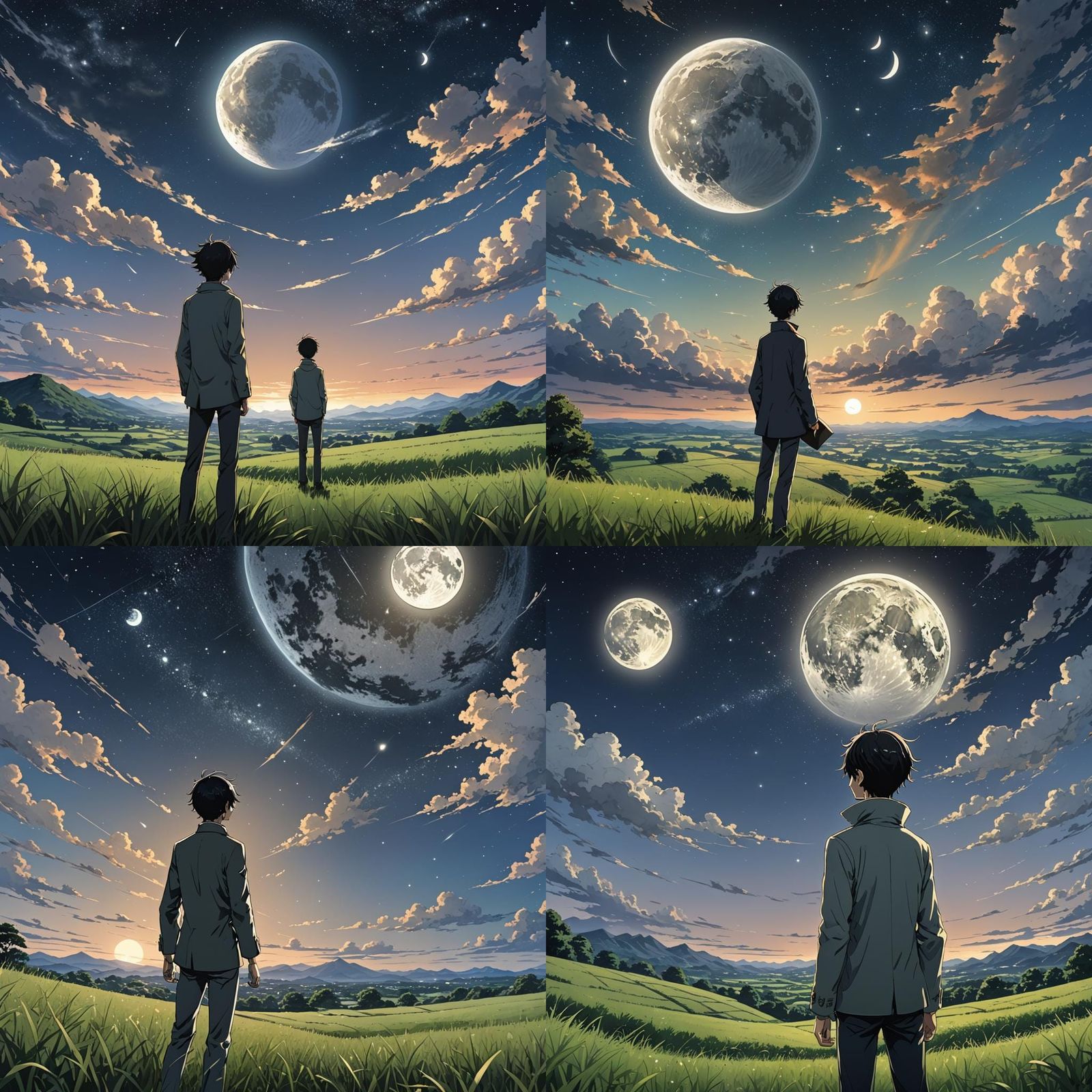 Man Gazing at UFO in Anime Style Landscape