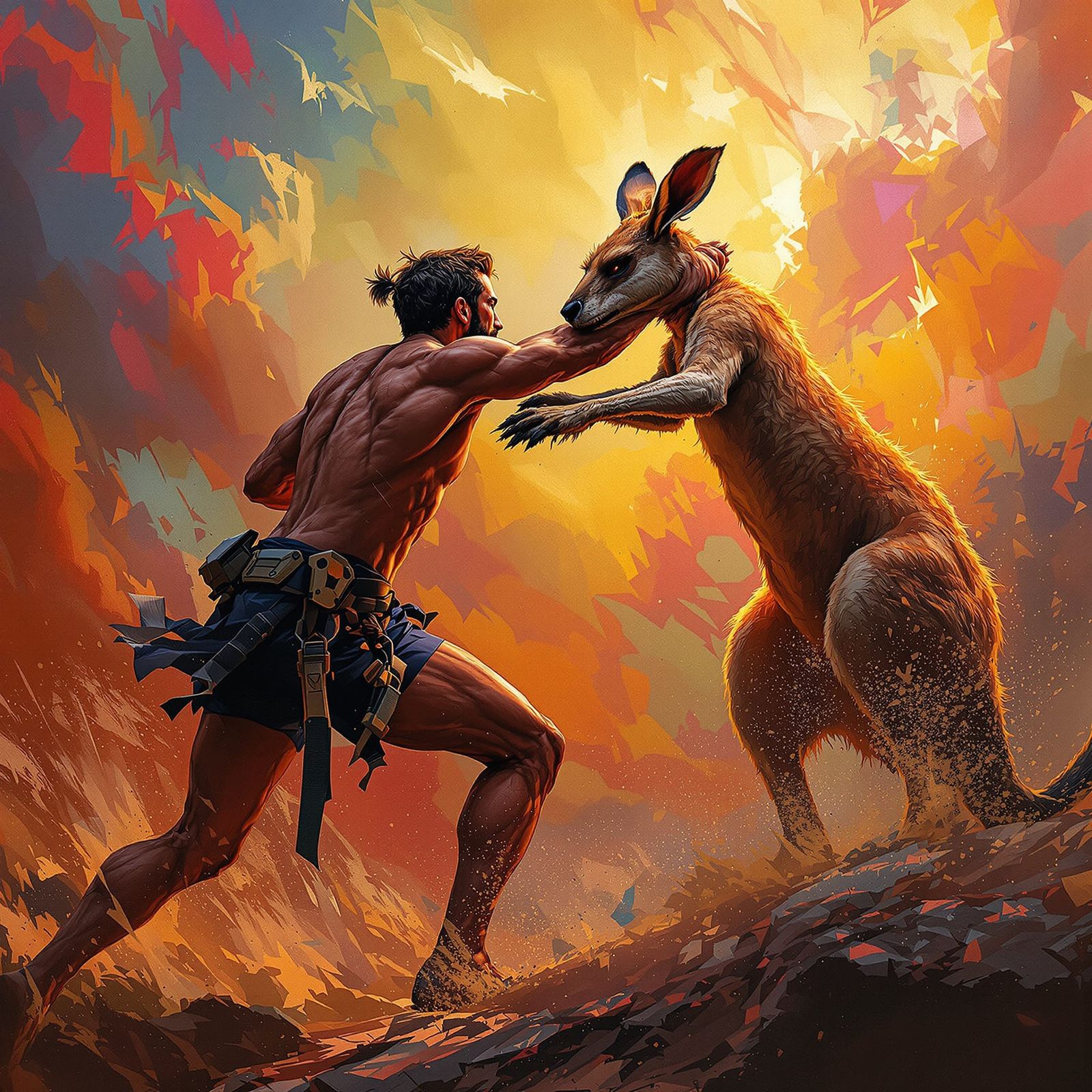 Man Fighting Kangaroo in Vibrant Action Painting Style