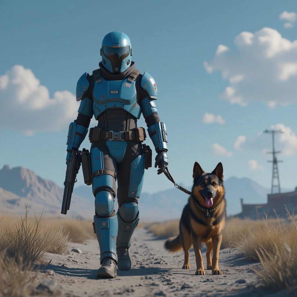 Lone Wanderer and Dog in Desolate Landscape