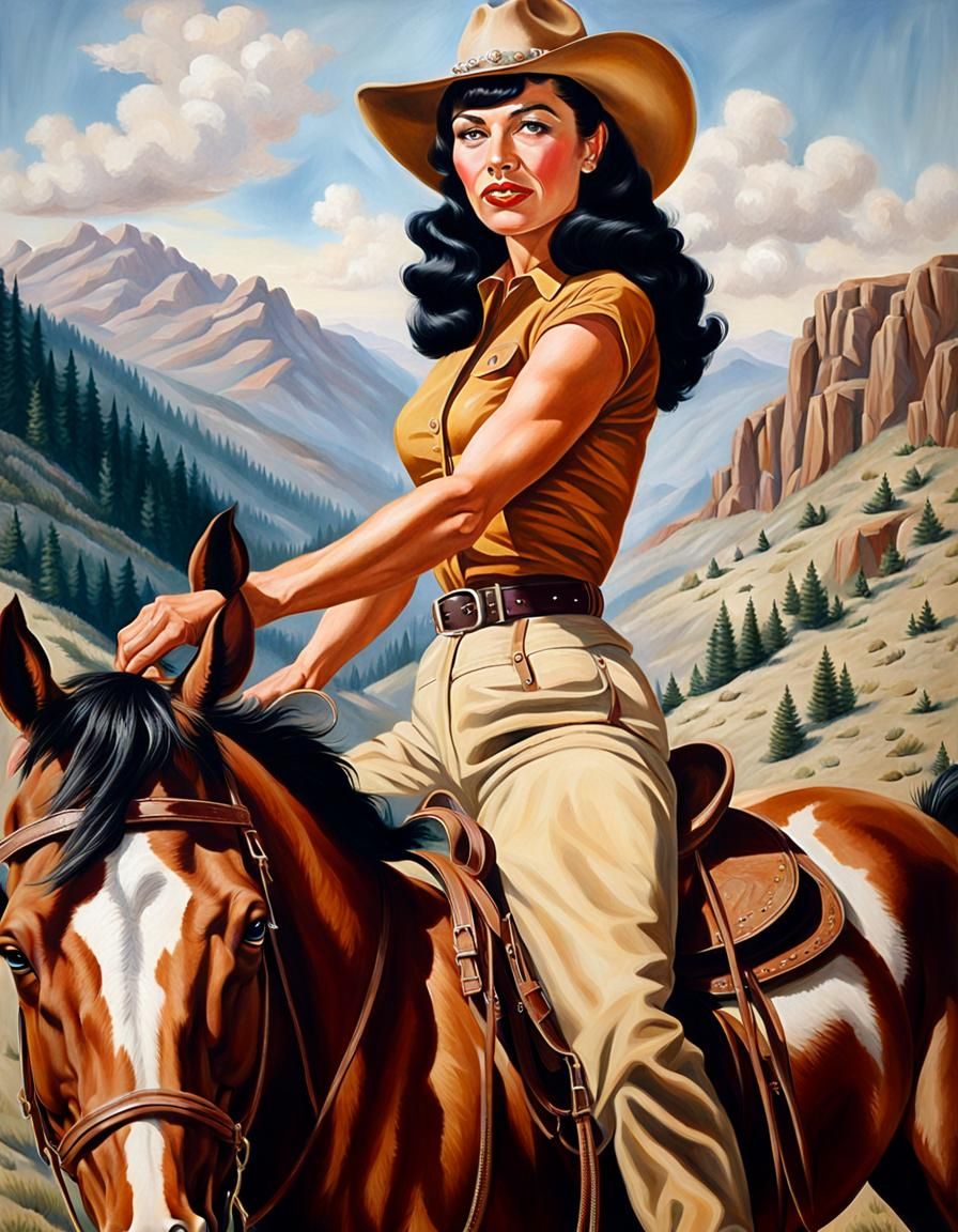 Vintage Cowgirl on Horseback in Detailed Oil Painting