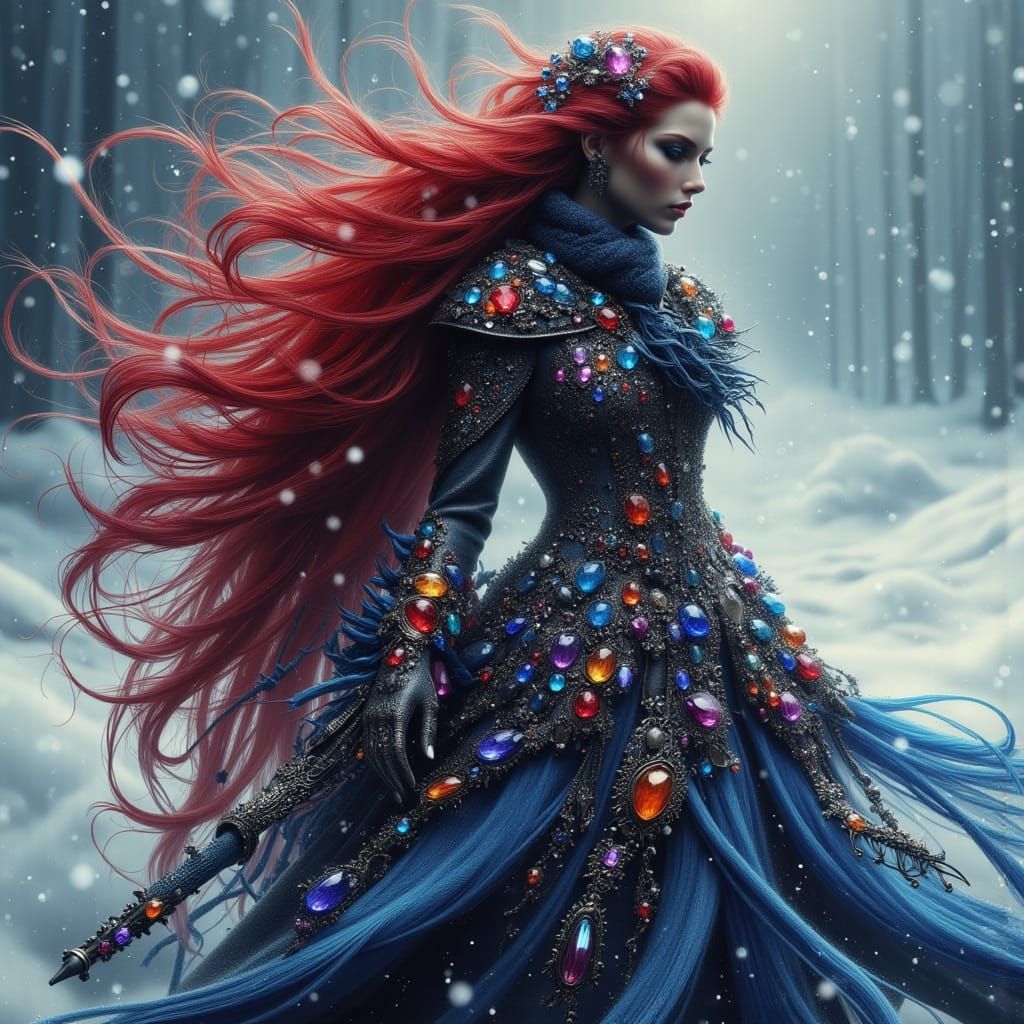 Ruby-Haired Woman in Sapphire Coat: Art Nouveau