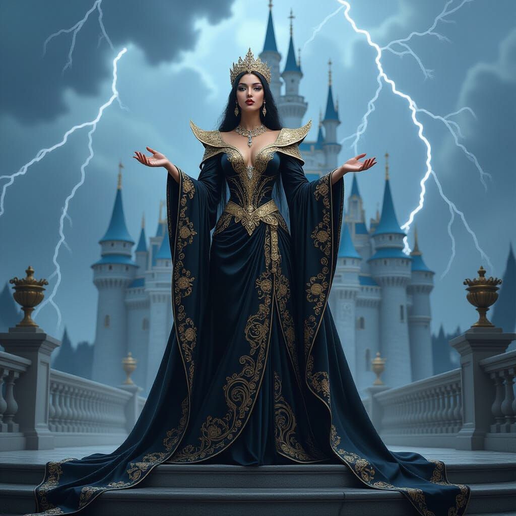 Regal Black Queen in Gold Gown During Thunderstorm