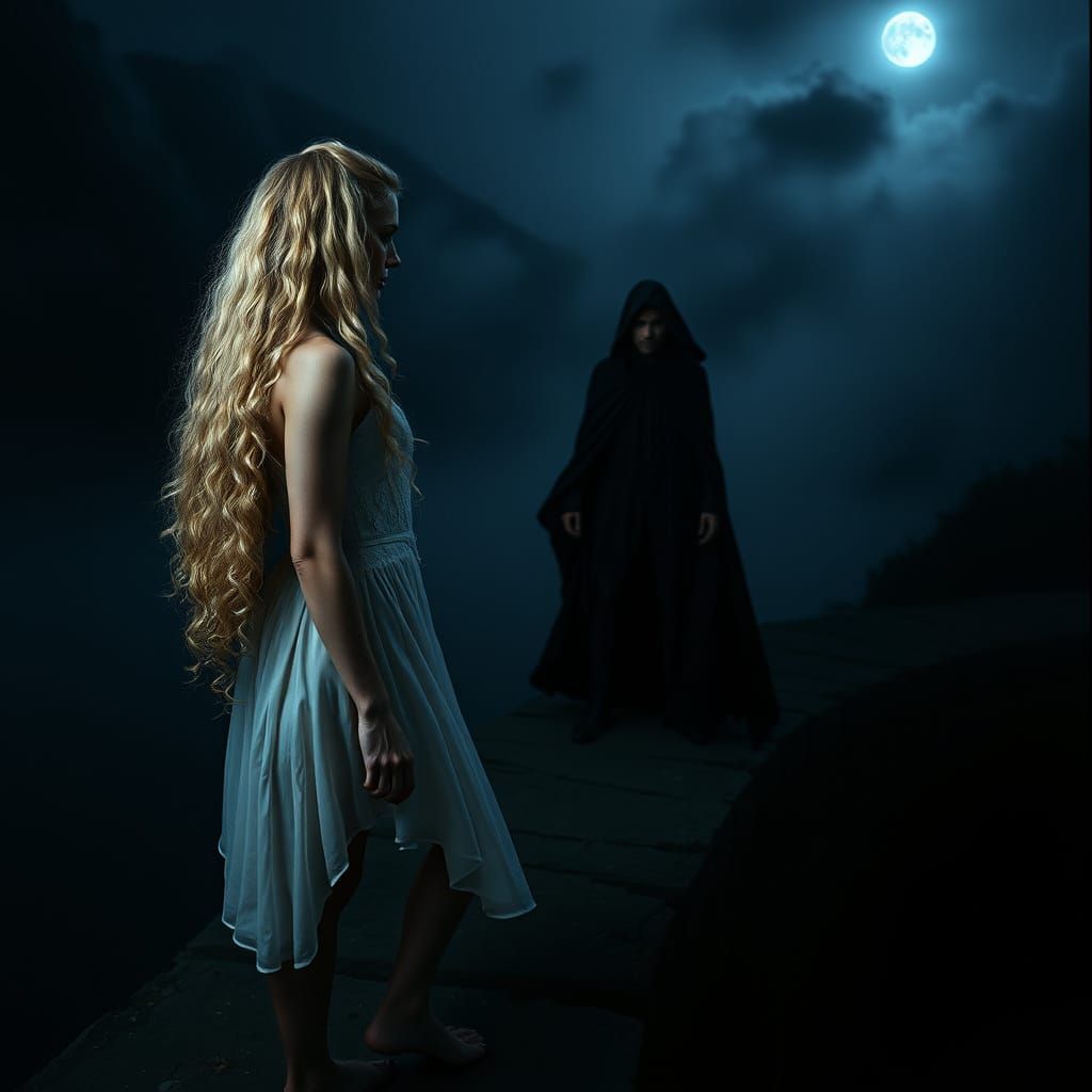 Ethereal Woman Contemplates Dark Figure on Bridge at Night