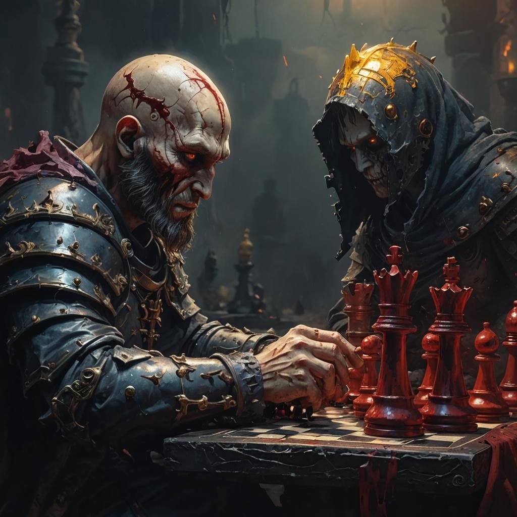 Warrior's Chess Match with Death: Anime-Inspired Concept Art
